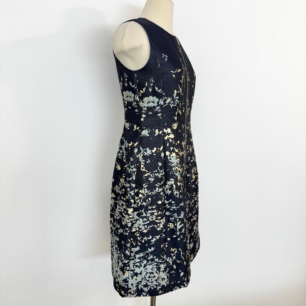Lafayette 148 Sleeveless Zip Front Dress A-Line Abstract Print Navy Cream Size 4 - Picture 4 of 10